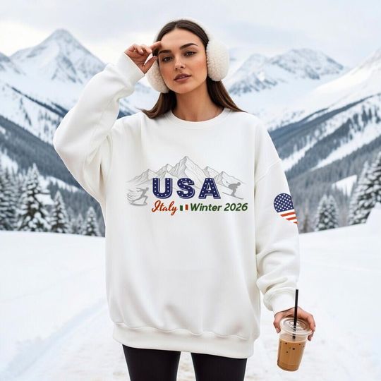 Discover USA Italy Winter Alps Sweatshirt, 2026 Ski Graphic Crewneck, Unisex Patriotic Souvenir Gift American Patriot Design