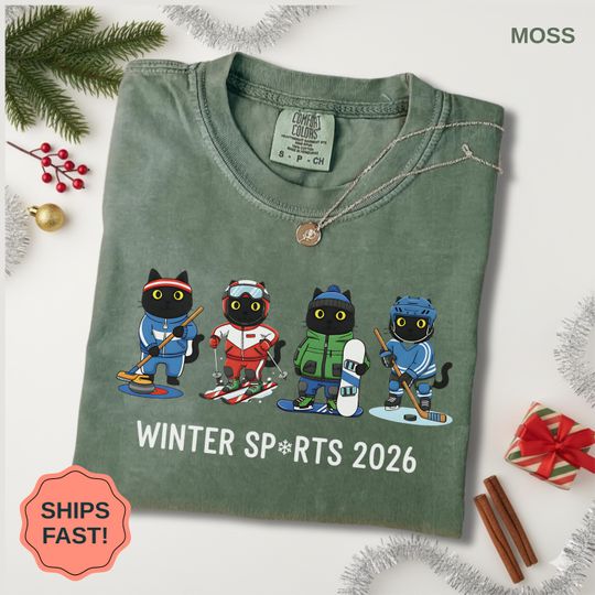 Winter Sports 2026 Shirt, Cute Black Cat Team Fan Gift, Ski Snowboard Curling Hockey Cats Sweatshirt