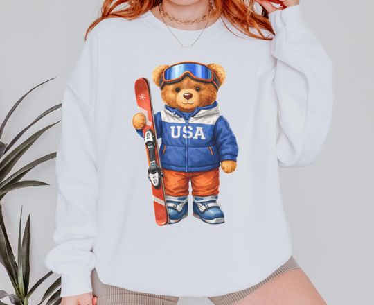 Discover Teddy Bear Sweatshirt, Winter Sports 2026 Gifts, USA Ski Lover Gift, Winter Ski Crewneck, Vintage Ski Style Sweater, Cozy Skier Sweatshirt