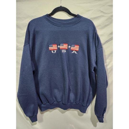 VTG USA Flag & Star Embroidered Navy Sweatshirt Patriotic Olympics Theme XL