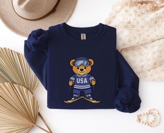 Discover Ski Teddy Bear USA Sweatshirt | Winter Sports Crewneck | Apres Ski Sweater | Cute Skier Gift | USA Ski Team Shirt