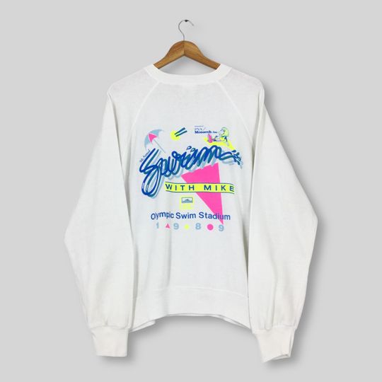 RARE Vintage 80s Olympic Swim Stadium Sweatshirt XXLarge 1989 Swim With Mike Olympic Game Sweater Olympics USA White Crewneck Size XXL