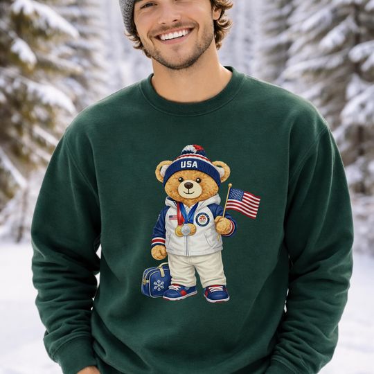 Discover USA Ski Teddy Bear Sweatshirt, Preppy Winter Sports Crewneck, Apres Ski Bear Gift for Him or Her, Preppy USA Ski Teddy Bear Sweatshirt