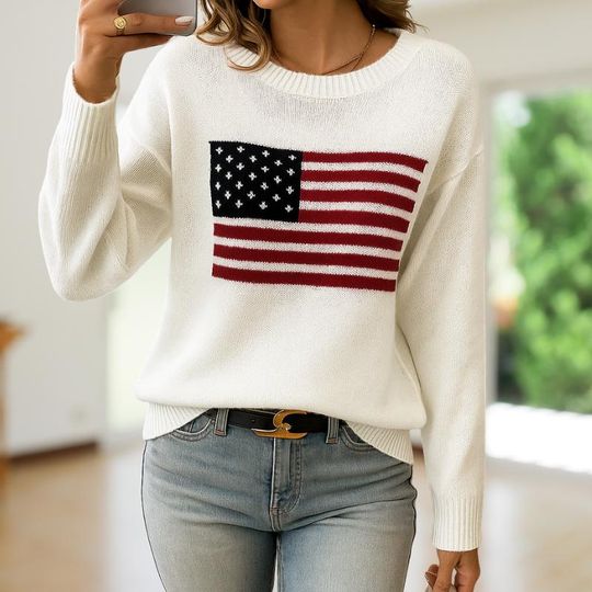 Discover USA Flag Knit Sweater  Patriotic American Pullover Top