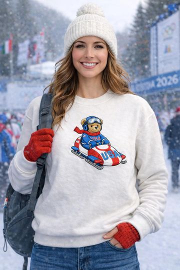 Embroidered Ski Bear Sweatshirt, Winter Olympics Inspired Womens Crewneck, Cute USA Teddy Winter Pullover Gift