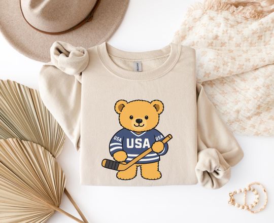 Hockey Teddy Bear Sweatshirt, Winter Sports 2026, Hockey Mom Gift, USA Hockey Crewneck Cute Ice Hockey Fan Sweater Game Day Sports Mom Shirt