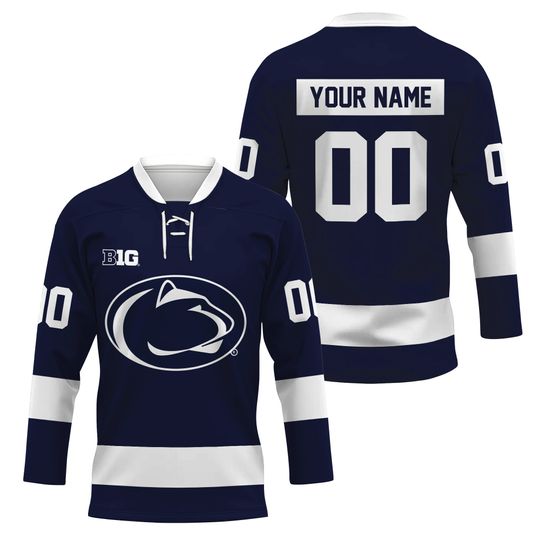 Personalized Penn State Nittany Lions Lace Hockey Shirt Navy Men's Fan Gear Gift