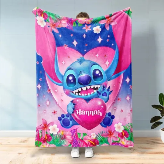Discover Personalized Stitch Valentines Blanket, Custom Lilo And Stitch Fleece Blanket