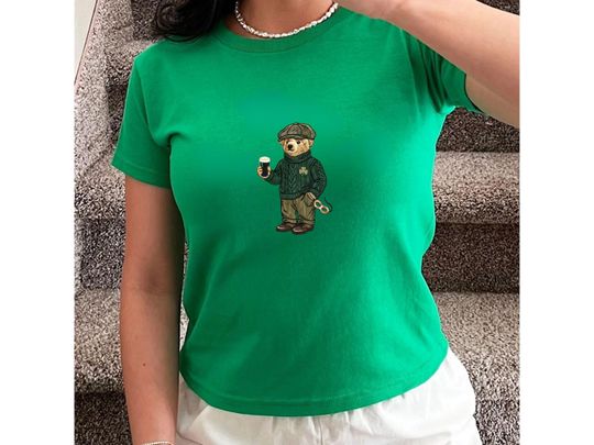 Y2K St Patricks Day Bear Crop Top, Retro Irish 90s Baby Tee, Womens St Pattys Day Shirt
