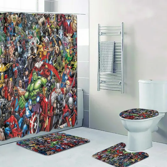 Discover Superheroes Characters Print Shower Curtain Bath Mat Toilet Lid Cover Mat