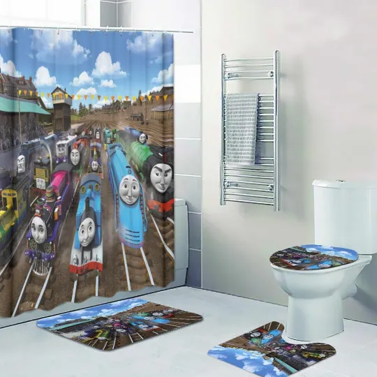 Discover Trains & Friends Print Shower Curtain Bath Mat Toilet Lid Cover Mat
