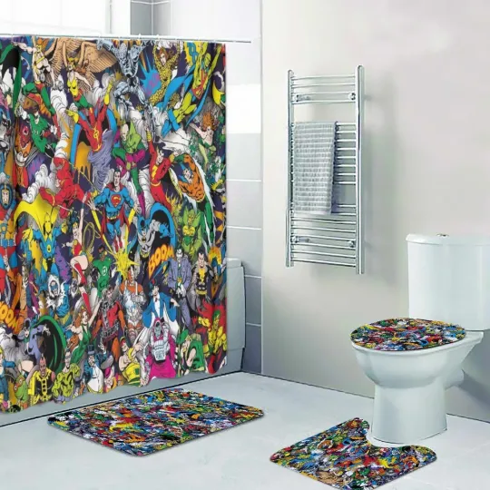 Discover Superheroes Characters Print Shower Curtain Bath Mat Toilet Lid Cover Mat