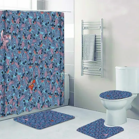Discover Stitch & Angel Collage Print Shower Curtain Bath Mat Toilet Lid Cover Mat