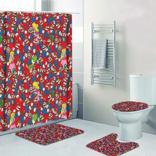 Discover Super Games Collage Print Shower Curtain Bath Mat Toilet Lid Cover Mat