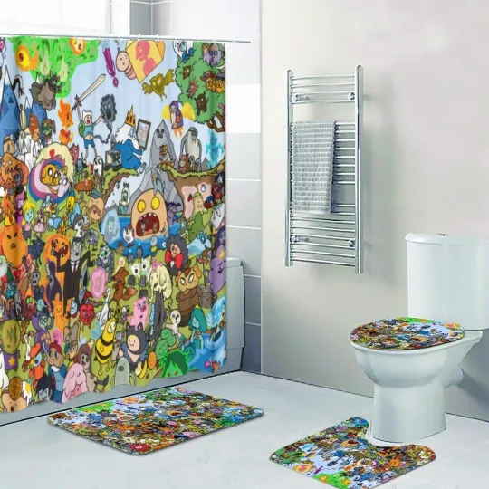 Discover Adventure Cartoon Print Shower Curtain Bath Mat Toilet Lid Cover Mat