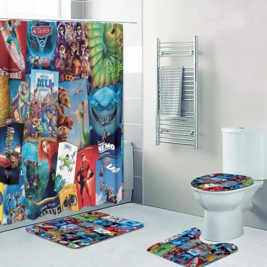 Discover Disney Pixar's Collage Print Shower Curtain Bath Mat Toilet Lid Cover Mat
