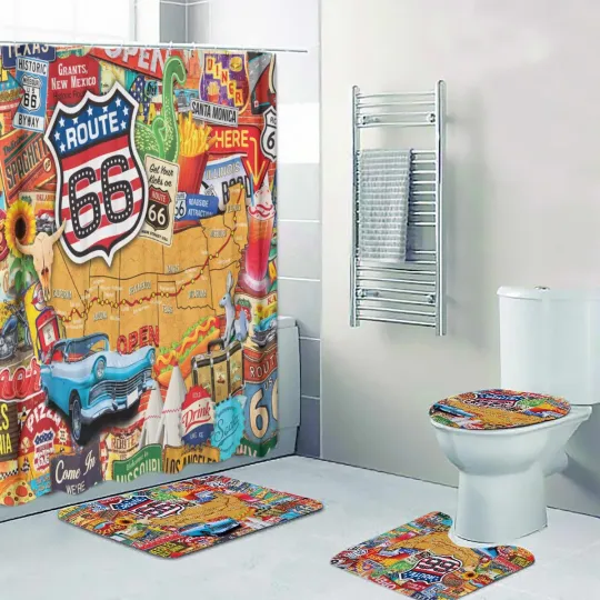 Discover U.S. Route 66 America Highway Print Shower Curtain Bath Mat Toilet Lid Cover Mat