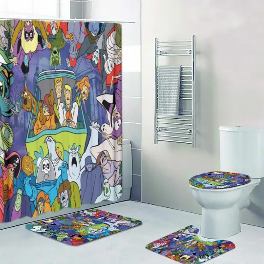 Discover Scooby-Doo Monster Mash Up Print Shower Curtain Bath Mat Toilet Lid Cover Mat