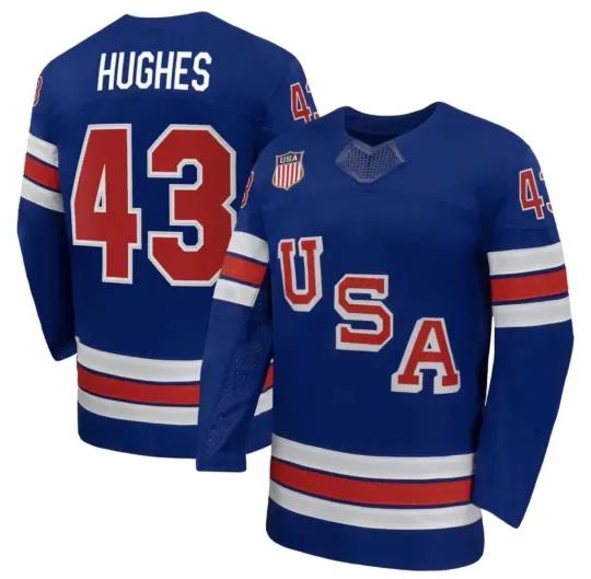 Discover Men's #43 Hughes Royal 2026 Home Replica All Stitched Hockey Jersey