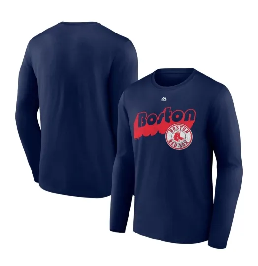Discover Boston Red Sox MLB Majestic Men's Navy Distressed Long Sleeve T-Shirt Tee: M-2XL