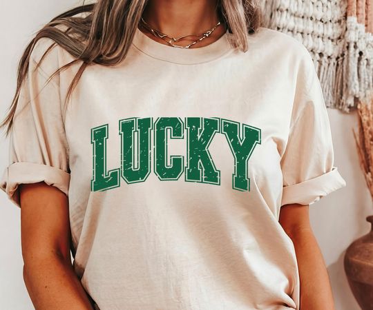 Discover Lucky Shirt, St Patricks Day Shirt, Varsity Collegiate Lucky Tee, Green Lucky T-shirt, Retro St Pattys Day Outfit, Minimalist Lucky Shirt