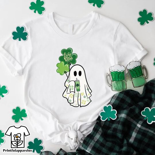 Discover St Patrick's Day Ghost Tee,Lucky and Blessed Ghost Shirt, Irish Shamrock T-shirt,St Paddy's Spooky Top,Lucky Ghost Shirt