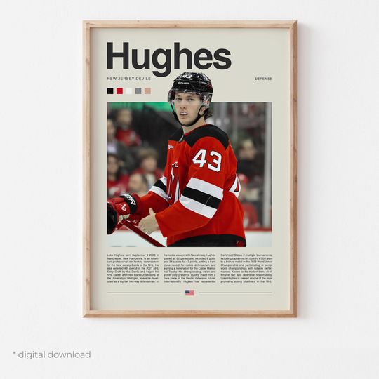 Discover Luke Hughes Poster  Ice Hockey Wall Art Digital Download, High-Resolution Hockey Prints
