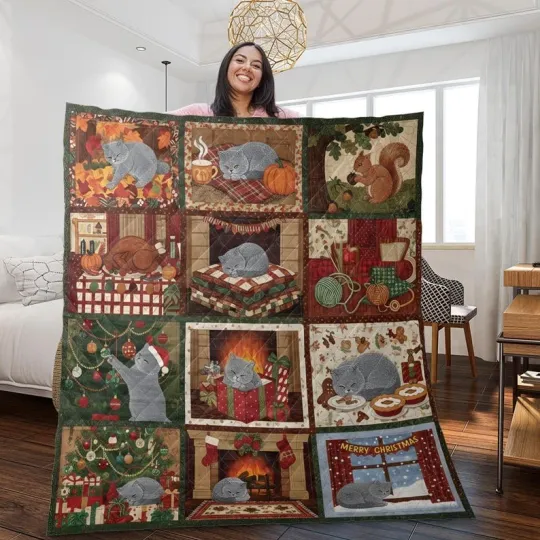 Discover Cat Quilt Blanket: Christmas Winter Patchwork Throw with Cozy Design