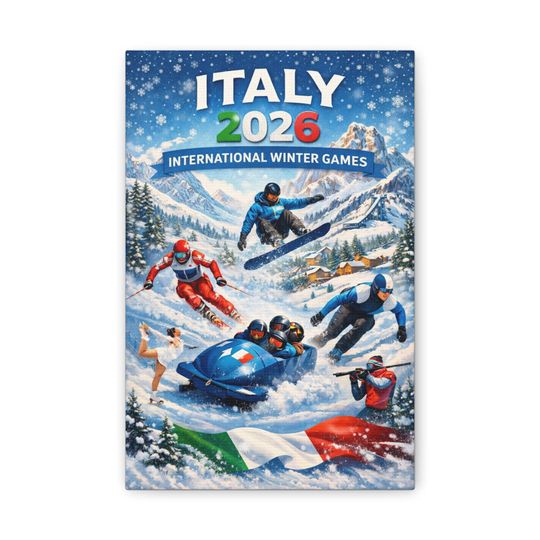 Italy 2026 International Winter Games Canvas | Skiing, Snowboard, Bobsled Poster