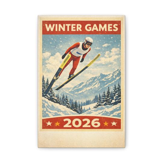 Discover Winter Games Ski Jumper Canvas | 2026 Retro Mountain Poster