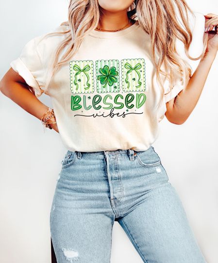 Discover Blessed Vibes St Patrick Tshirt, Preppy St Patrick's Tee, Green Shamrock Bow Top