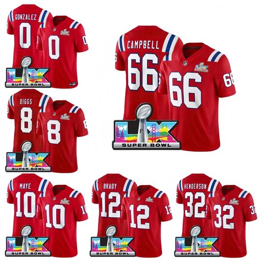 Discover Personalized Patriots Red  Jersey, Custom Name & Number, Embroidered Sports Super Bowl LX Patch  Gift