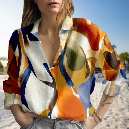 Discover Abstract Art Blouse for Women, Colorful Casual Shirt, Modern Boho Button Up Top, Vintage Summer Beach Wear Gift