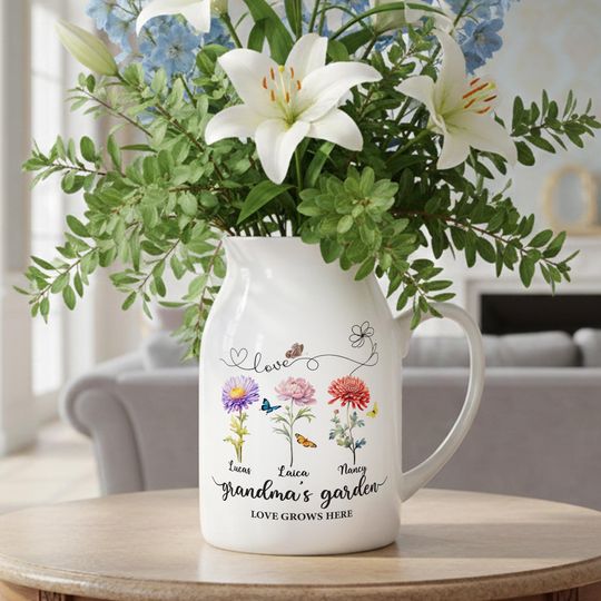 Personalized Grandma Flower Vase, Custom Name Birth Flower Vase, Grandma Floral Vase with Kids Name, Garden Flower Gift for Mom, Nana