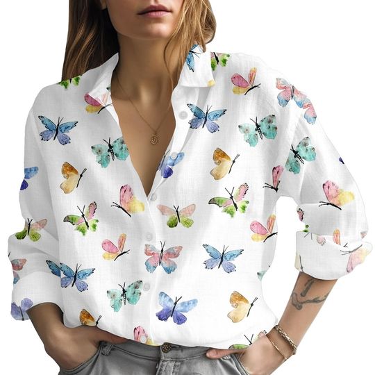 Discover Watercolor Butterfly Blouse Shirt, Vintage Butterfly Casual Top for Women