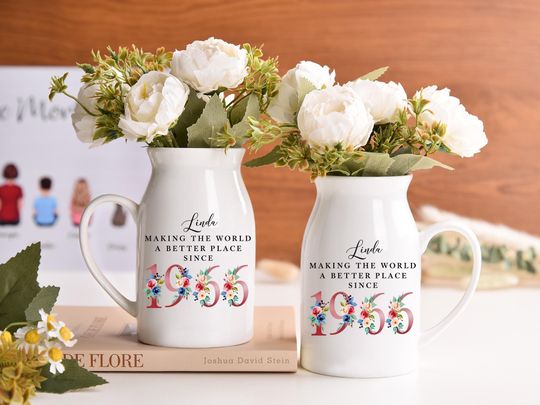 Discover Personalized 1966 Birthday Vase for Her, Custom Name Floral Ceramic Vase, Meaningful Birthday Home Decor