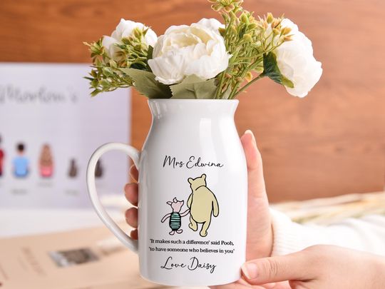 Personalized Teacher Gift Vase, Thank You Teacher Gifts,Winnie the Pooh Art & Quote Someone who believes in you,End of Year Gift for Teacher