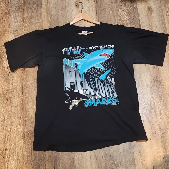 Discover Vtg 90s San Jose Sharks 1st Attack Playoffs 1994 NHL Hockey T Shirt Salem