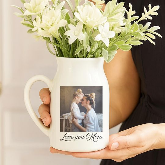 Personalised Mom Grandma Floral Ceramic Vase, Custom Photo Birthday Gift Flower Vase, Mothers Day Gift, Personalized Photo Gifts, Mom Gift