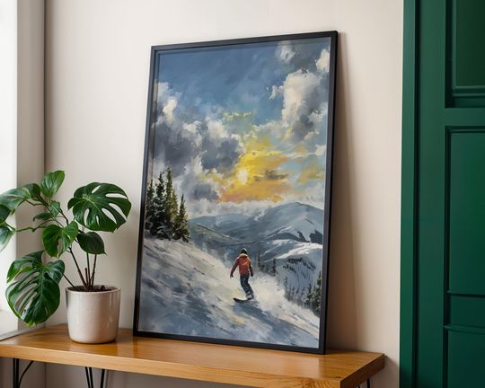 Discover Snowboard Poster, Snow Landscape Wall Decor, Winter Sports Print, Ski Lodge Poster, Alpine Sunrise Art, Winter Olympics inspired