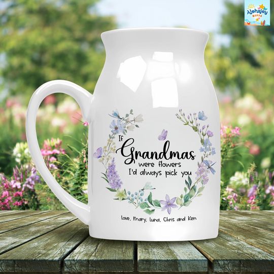 Personalized Floral Ceramic Vase for Grandma, Custom Family Home Decor Keepsake, Mothers Day Gifts for Nana