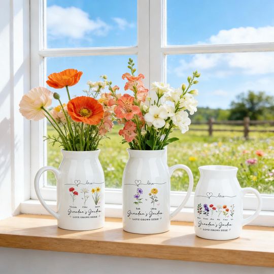 Personalized Grandma's Garden Vase, Birth Flower Vase, Gift for Mom Nana, Mothers Day Gift from Kids Grandkids, Ceramic Flower Vase