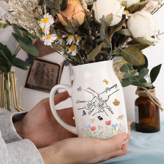 Discover Custom Holding Moms Hand Flower Vase, Custom Kid Names Flower Vase, Holding Hand Mothers Day Gift, Grandma Gift, Flower Vase Gift from Kids