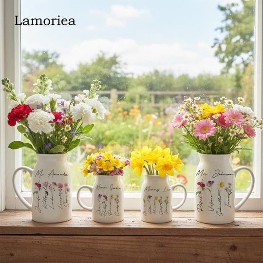 Custom Birth Flower Vase, Vase with Names, Gift for Moms, Home Decor, Christmas Gift, Ceramic Flower Vase, Nanny's Vase, Birthday Gifts