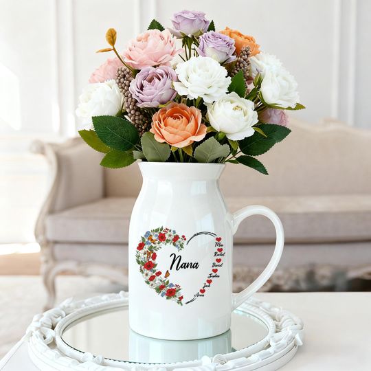 Discover Personalized Mother's Day Flower Vase, Custom Floral Heart Vase for Mama, Grandkid Name Flower Vase, Gift for Nana/Mom/Nanny/Mommy/Aunt