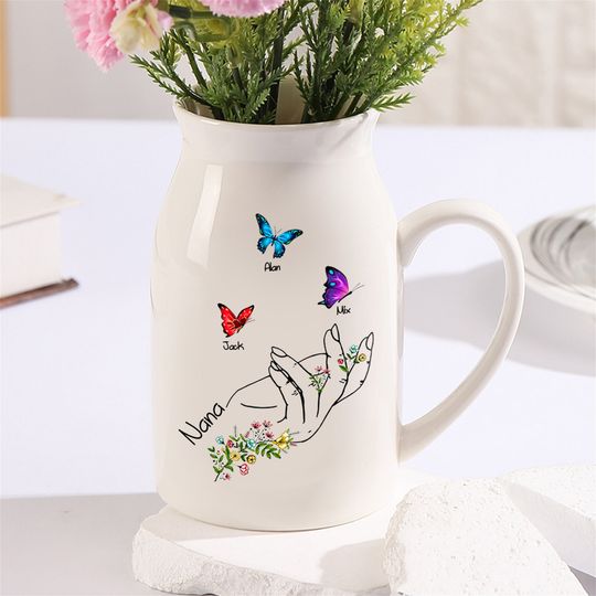 Discover Personalized Mom With Kids Names Flower Vase, Custom Vase Gifts for Mom, Grandma Gifts, Custom Mom Birthday Jug Vase