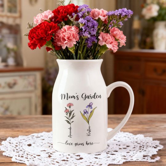 Discover Custom Birth Flower Ceramic Vase with Names | Keepsake for Mom or Grandma | Mother's Day gifts  Christmas gift | Home Decor