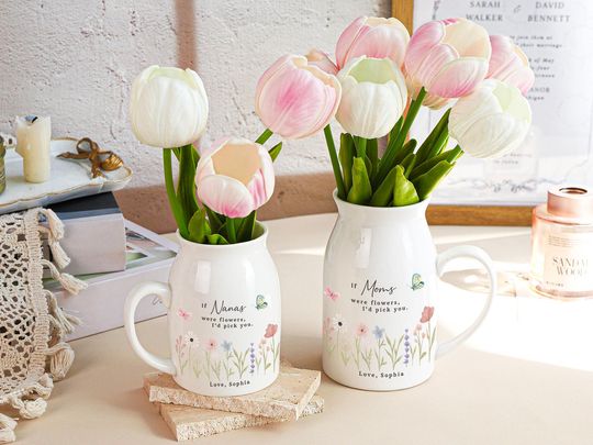 Mothers Day Gift for Nana, Personalized Floral Ceramic Vase, Flower Vase Gift for Mom, Floral Ceramic Small Vase, Garden Flower Vase