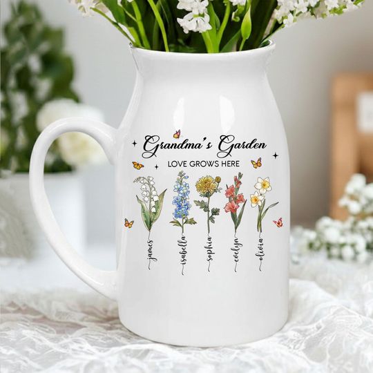 Discover Personalized Grandma's Garden Vase, Custom Birth Flower Vase, Mothers Day Gift for Nana, Gift from Grandkids, Ceramic Flower Pot, Nanny Gift