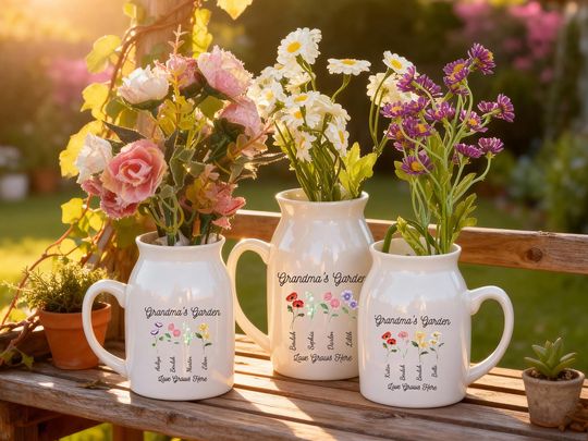 Discover Personalized Grandma's Garden Vase,Birth Flower Vase For Mum,Mother's Day Gift for Nana,Grandma Flower Vase,Garden Flower Vase,Gift for Her